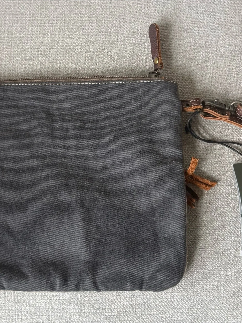 Myra Bag Brown Leather & Beige Gray Woven Wristlet Clutch with Tassel